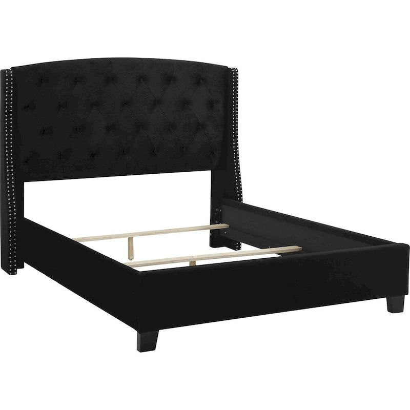 Lit King Size, profil bas, tête de lit rembourrée capitonnée, noir