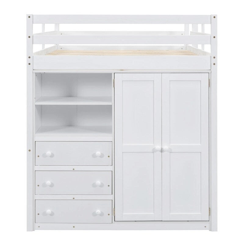Lit mezzanine en bois pleine grandeur avec armoire intégrée, bureau, étagères de rangement et tiroirs