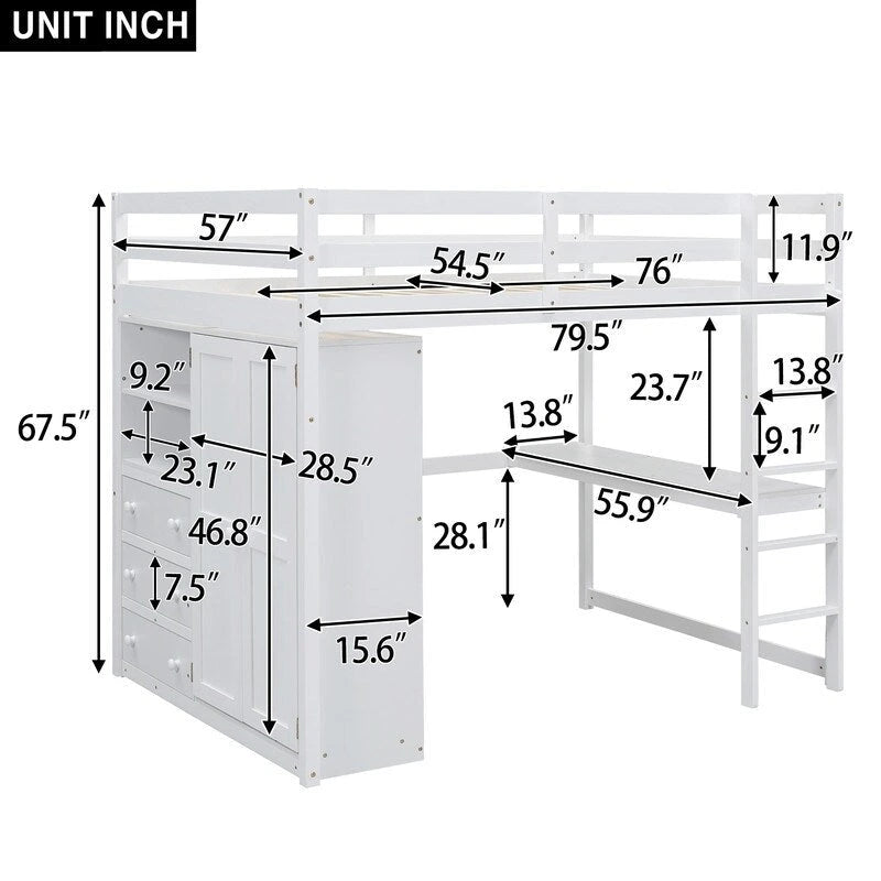Lit mezzanine en bois pleine grandeur avec armoire intégrée, bureau, étagères de rangement et tiroirs