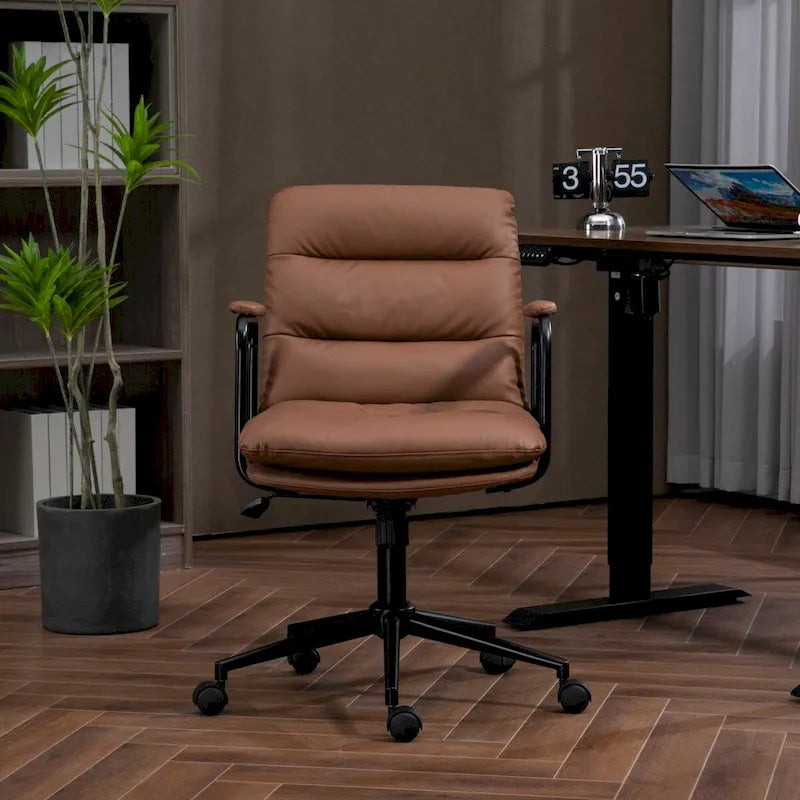 Chaise de bureau, chaise de bureau à dossier mi-hauteur avec roulettes et accoudoirs, chaise d'ordinateur pivotante ergonomique en cuir PU