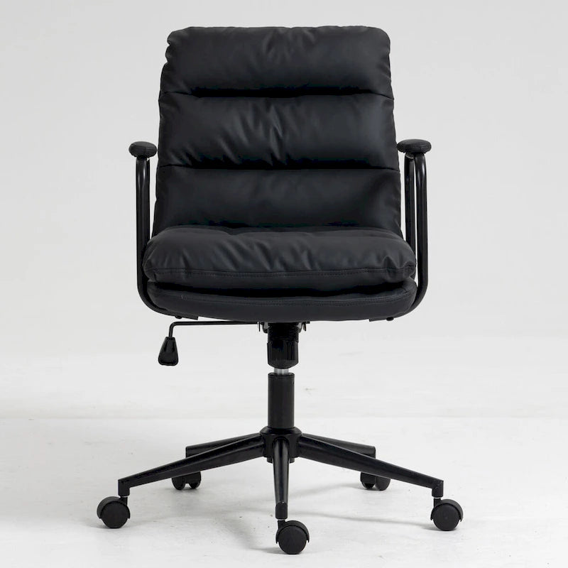 Chaise de bureau, chaise de bureau à dossier mi-hauteur avec roulettes et accoudoirs, chaise d'ordinateur pivotante ergonomique en cuir PU