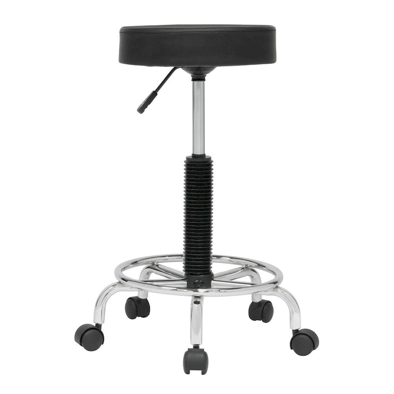 Tabouret rembourré, sur roulettes, réglable en hauteur avec repose-pieds