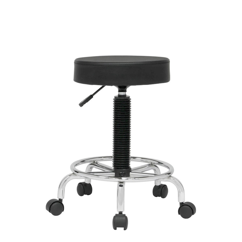 Tabouret rembourré, sur roulettes, réglable en hauteur avec repose-pieds