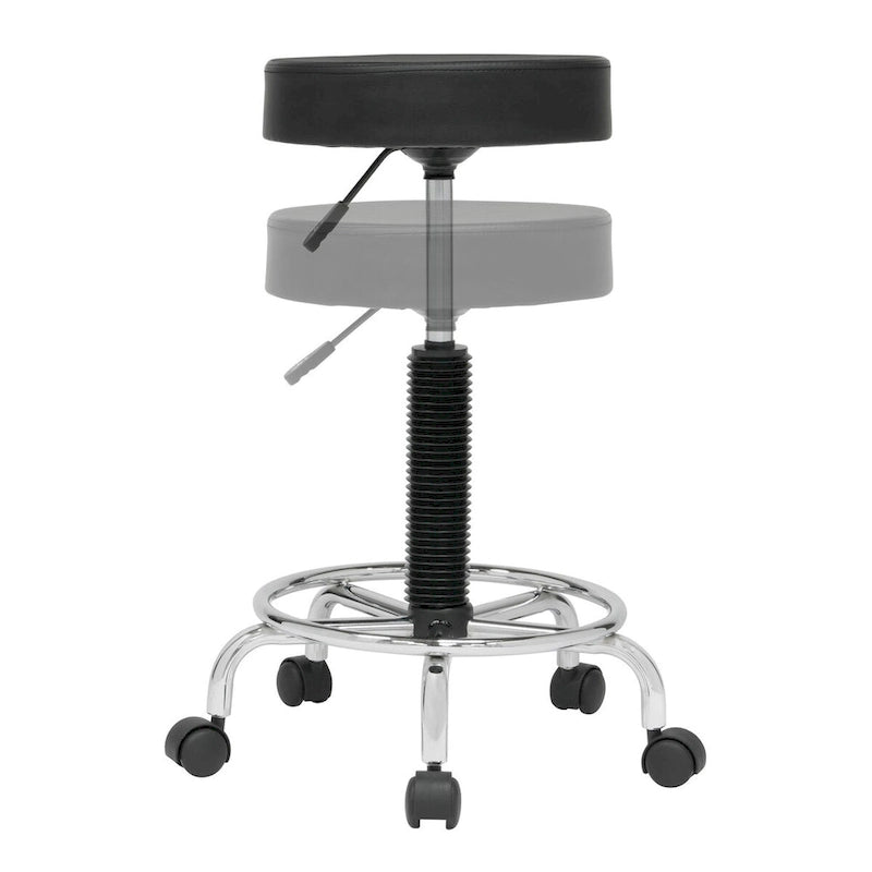 Tabouret rembourré, sur roulettes, réglable en hauteur avec repose-pieds