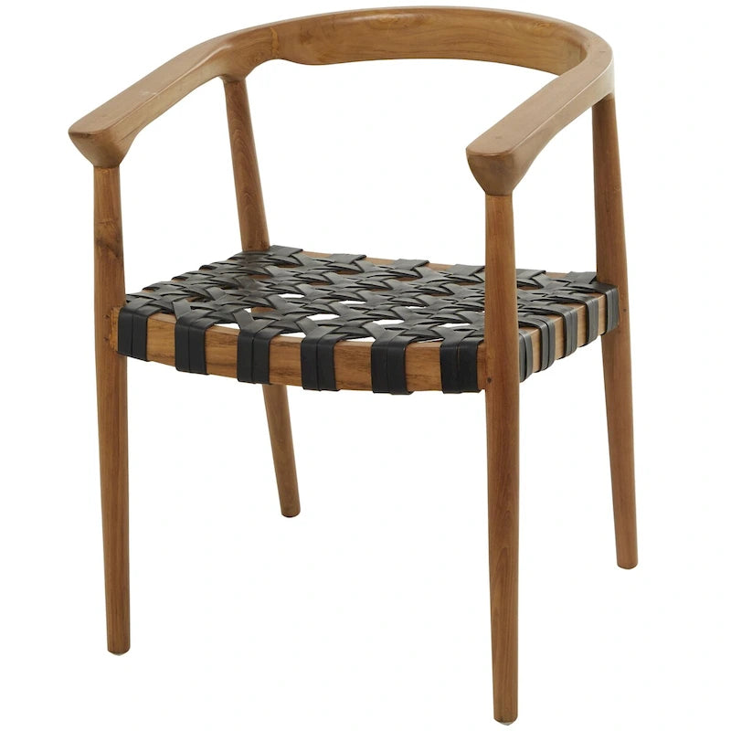 Chaise de salle à manger tressée à la main en bois de teck avec accoudoirs - Marron ou marron foncé