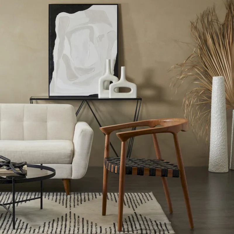 Chaise de salle à manger tressée à la main en bois de teck avec accoudoirs - Marron ou marron foncé