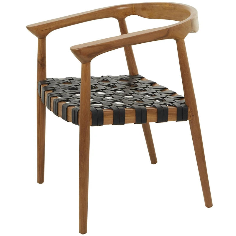 Chaise de salle à manger tressée à la main en bois de teck avec accoudoirs - Marron ou marron foncé