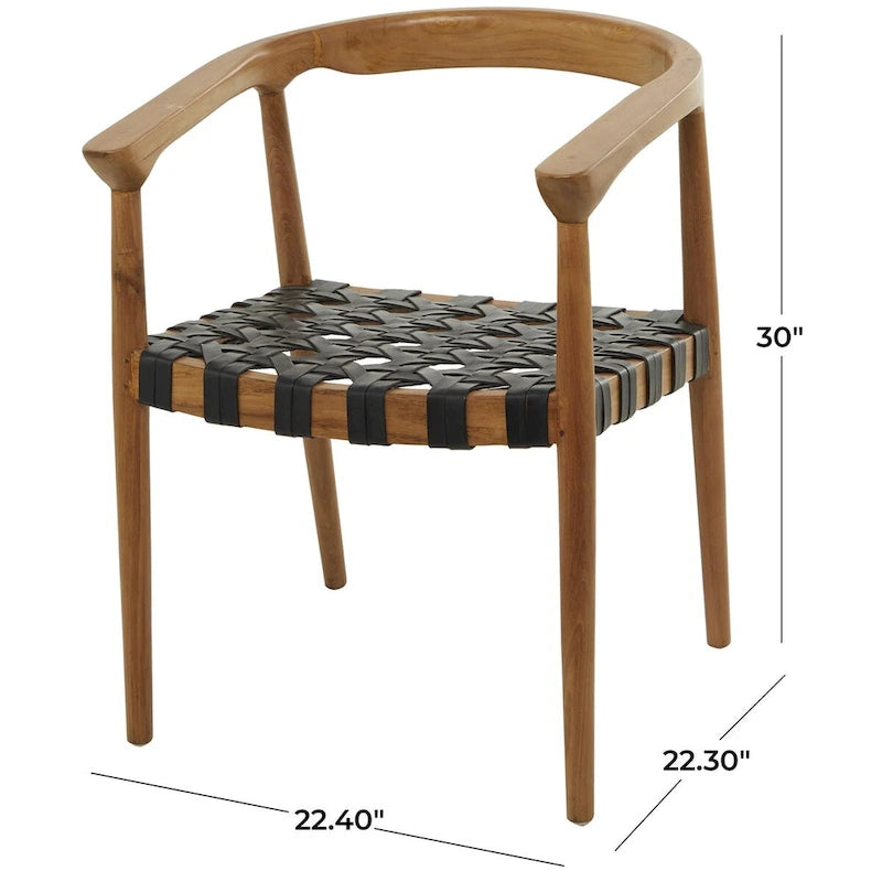 Chaise de salle à manger tressée à la main en bois de teck avec accoudoirs - Marron ou marron foncé