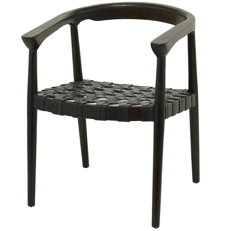 Chaise de salle à manger tressée à la main en bois de teck avec accoudoirs - Marron ou marron foncé